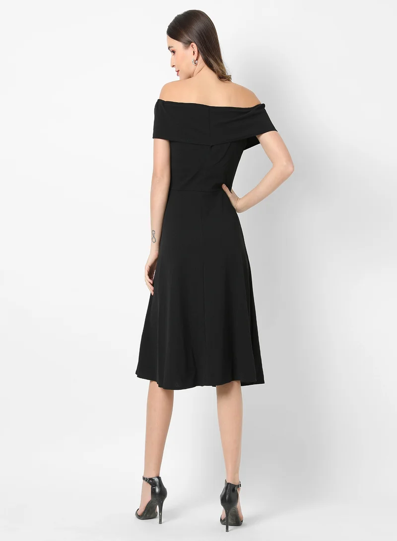 Pinacolada  Women's Onyx Black Criss-Cross Midi Dress For Casual Wear | Off-Shoulder | Short Sleeve | Pull On Closure | Dress Designed With Comfortable Fit For Woman & Girls for Women | Best Price UAE